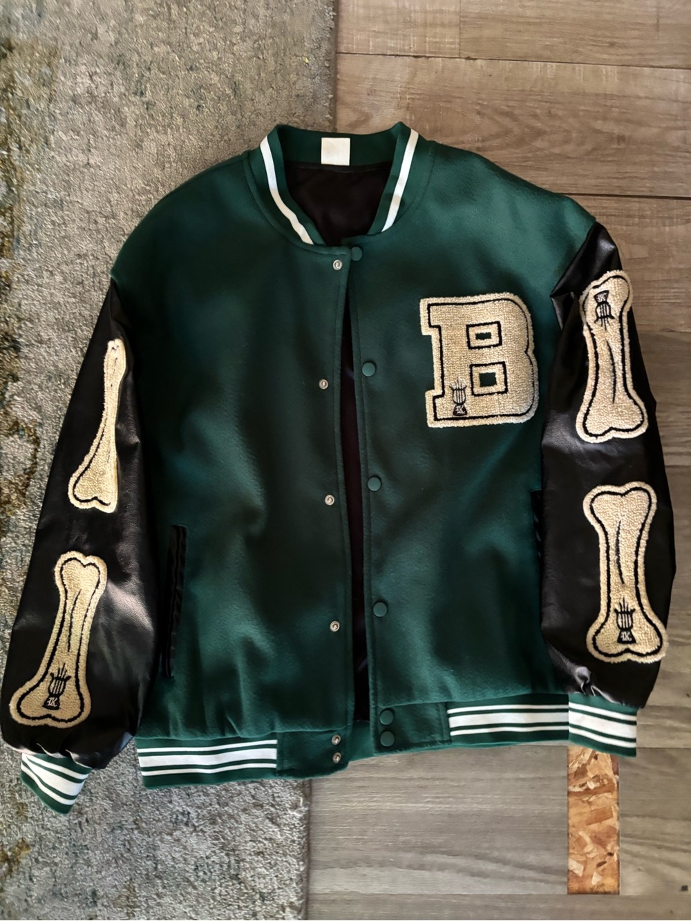 Green & Black Varsity Bomber Jacket with Bone Appliqués